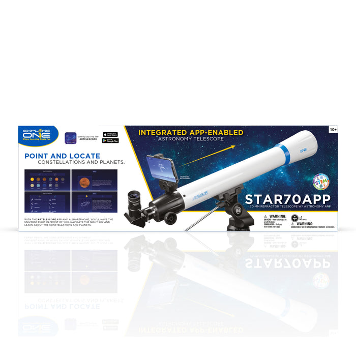 Explorez un télescope de réfracteur StarApp - 50 mm avec un support Panhandle et une application d'astronomie